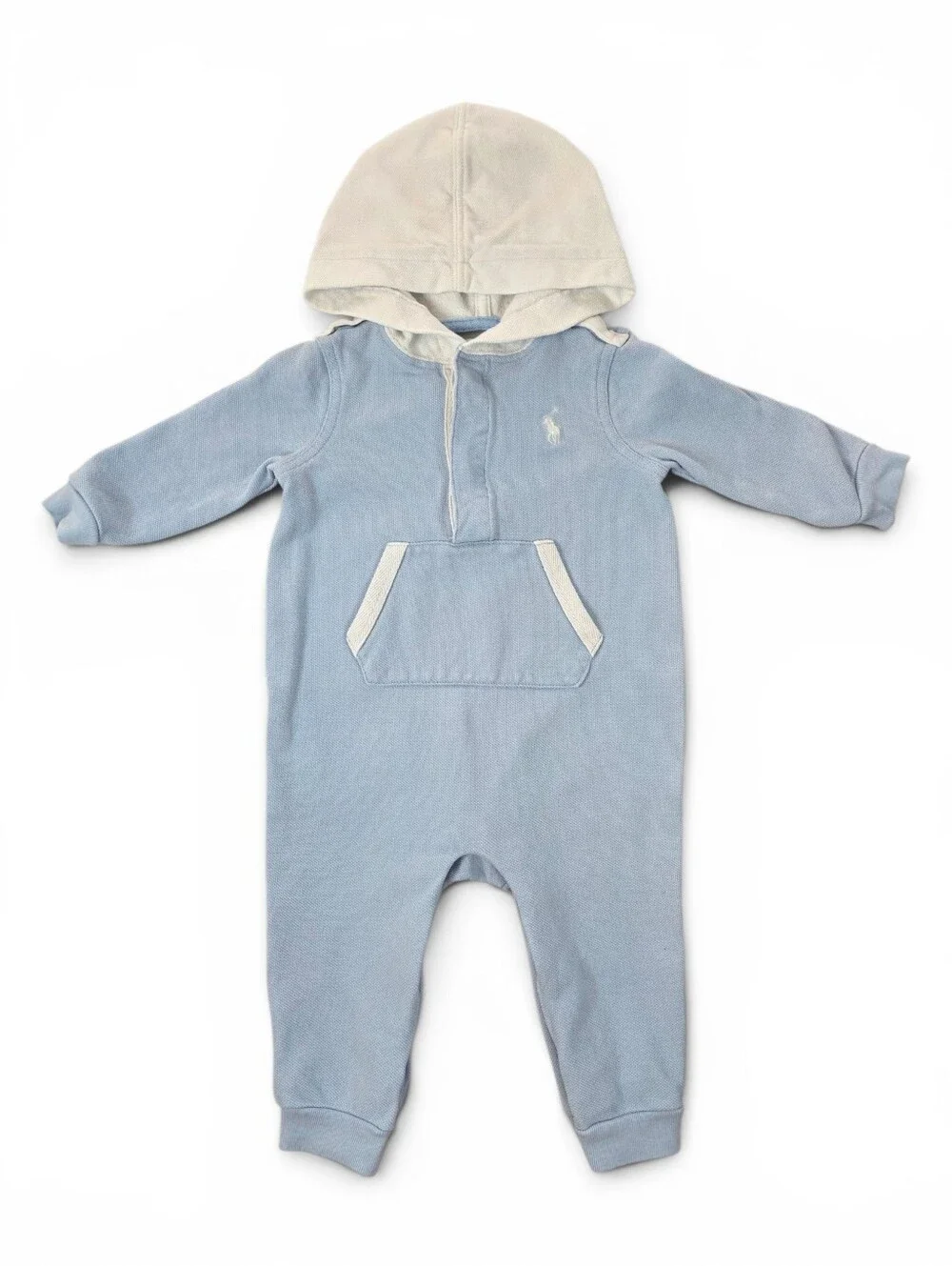 Ralph Lauren Baby Boy Hooded Knit Romper Jumpsuit Blue White 9M Cotton Preppy